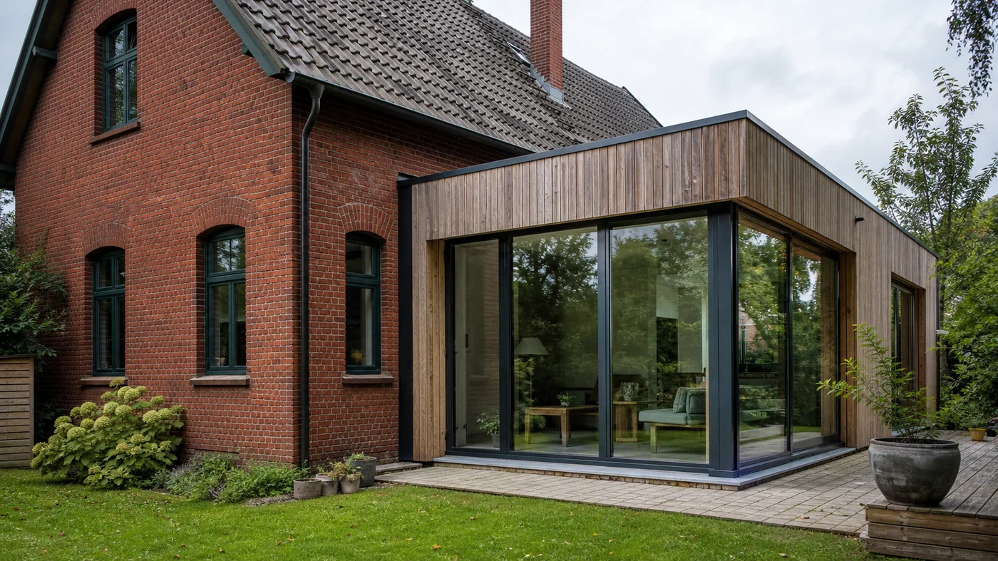 Moderner Holz-Anbau an einem Klinkerhaus