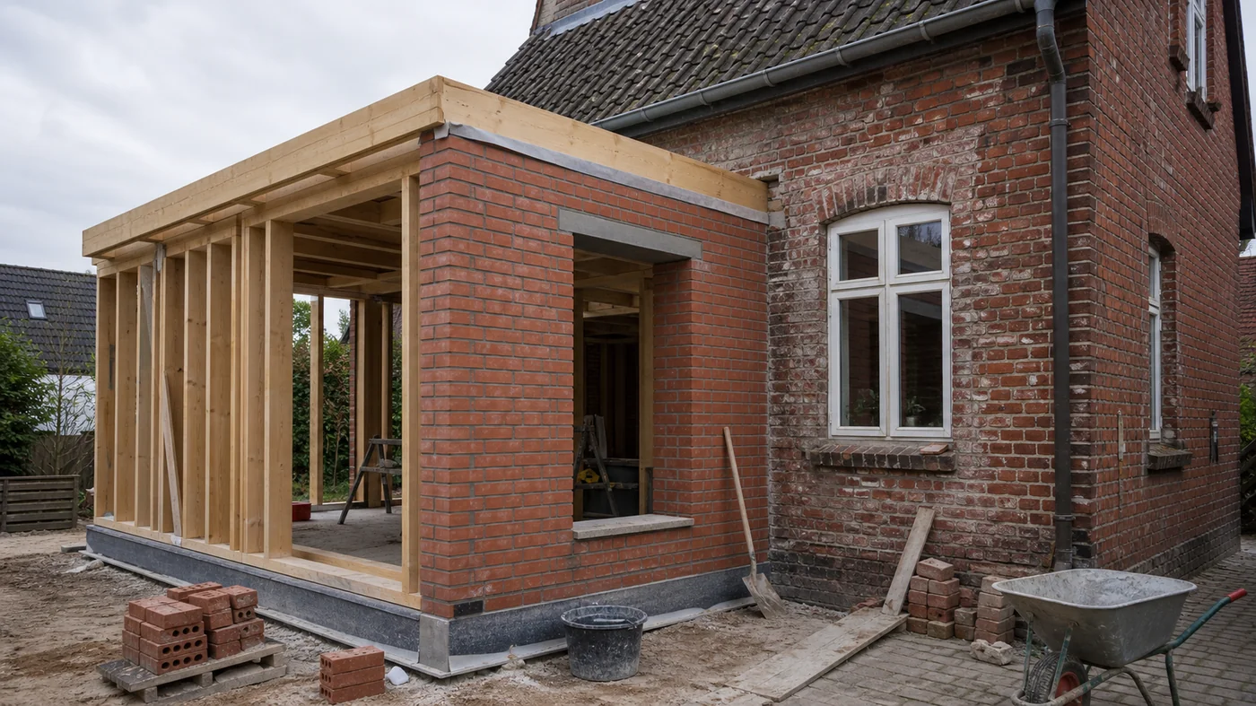 Anbau im Rohbau, Mauerwerk und Holzkonstruktion