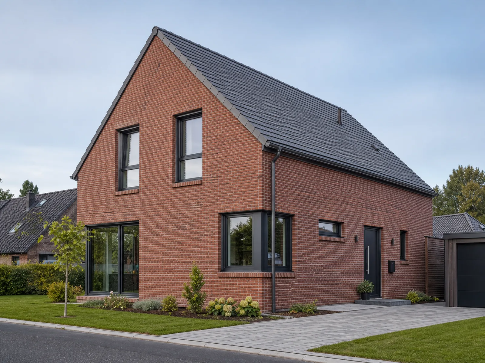 Symbolbild, KI-generiert: Wohnhaus mit roter Klinkerfassade als Beispiel für einen Neubau