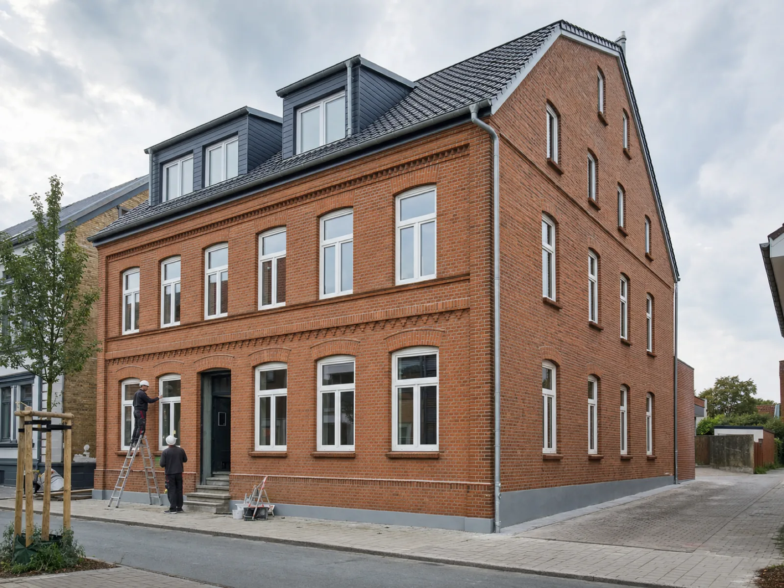 Symbolbild, KI-generiert: Bestandsgebäude aus Backstein als Beispiel für Sanierungsarbeiten