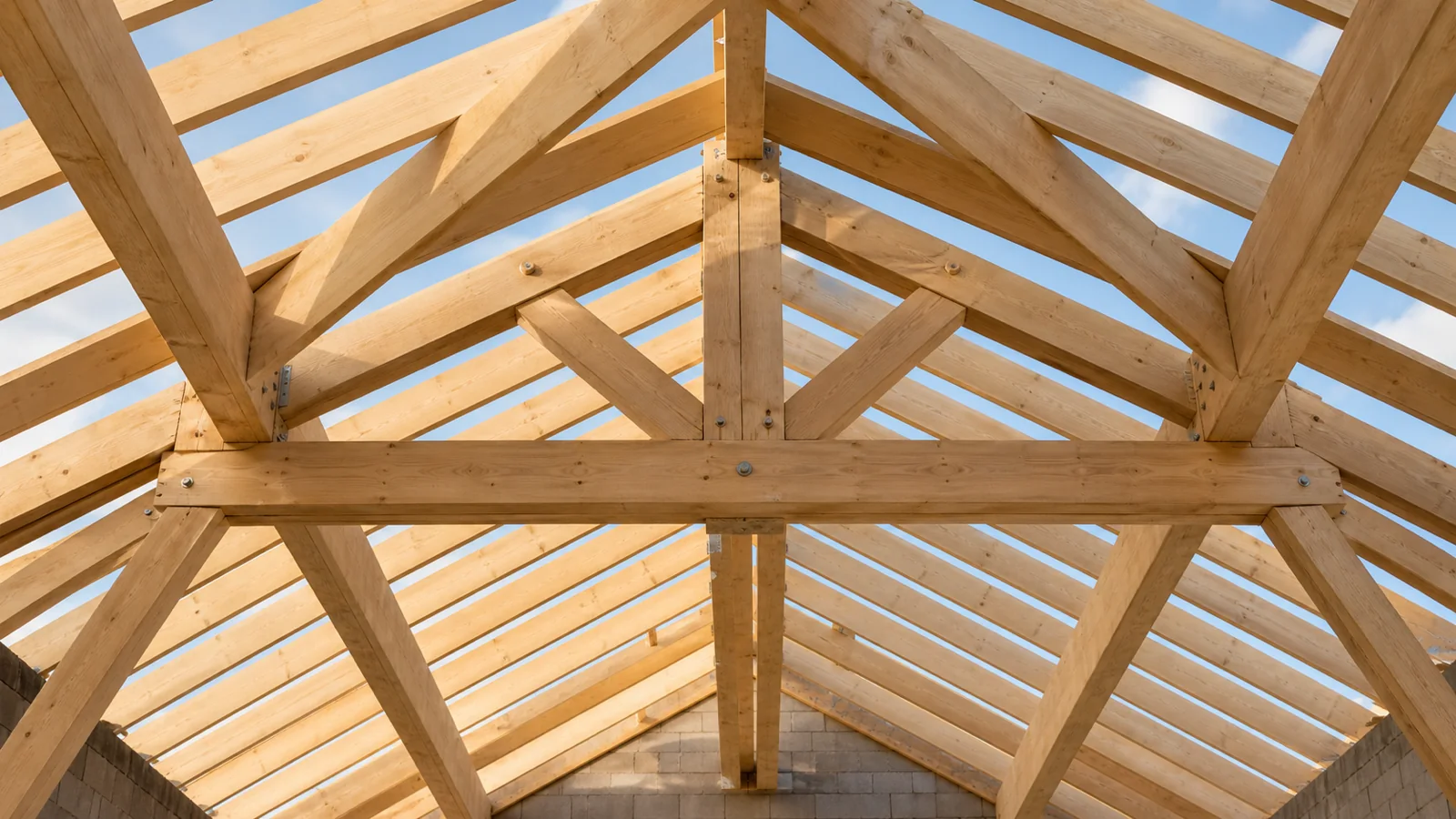 Neuer Holz-Dachstuhl mit hellen Sparren von unten gesehen